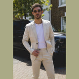 Mario - vīriešu divdaļīgs vasaras uzvalks bēšā krāsā, biroja, kāzu, klasisks itāļu stils