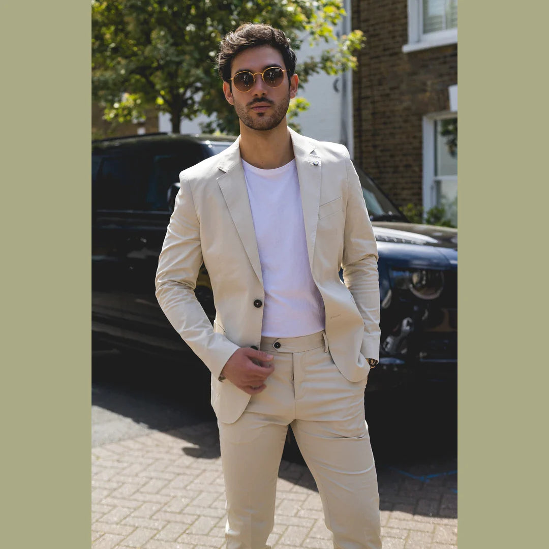 Mario - vīriešu divdaļīgs vasaras uzvalks bēšā krāsā, biroja, kāzu, klasisks itāļu stils