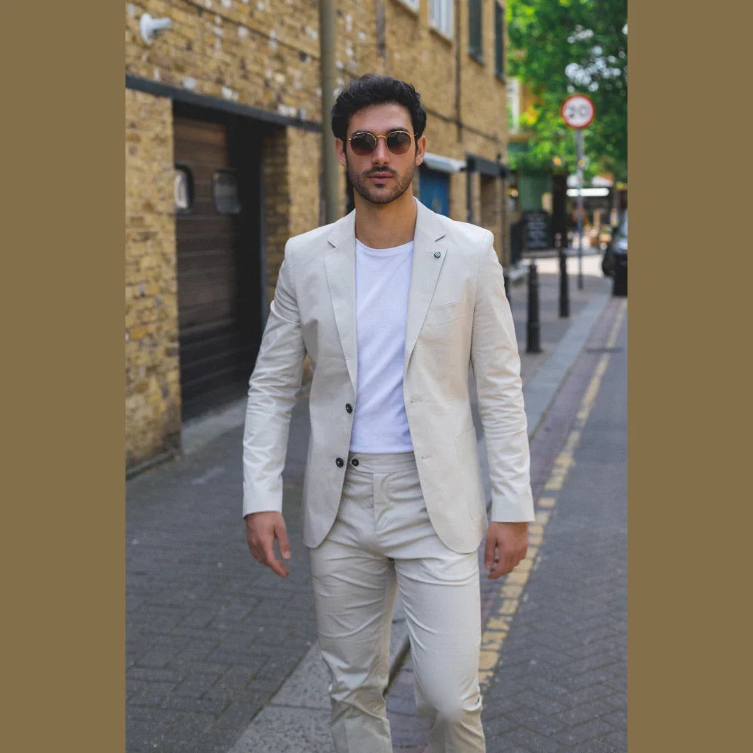 Mario - vīriešu divdaļīgs vasaras uzvalks bēšā krāsā, biroja, kāzu, klasisks itāļu stils