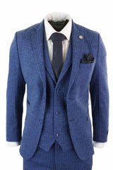 Vīriešu trīsdaļīgs tvīda uzvalks ar zilu "siļķu kaula" rakstu - STZ11