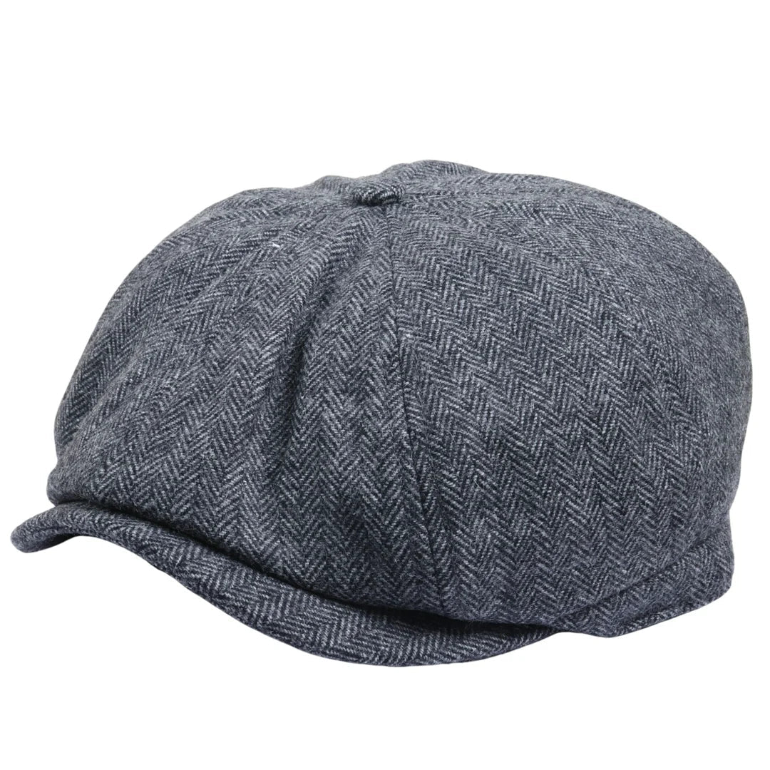 Vīriešu klasiska plakana cepure ar "Herringbone" rakstu "Newsboy" - pelēka