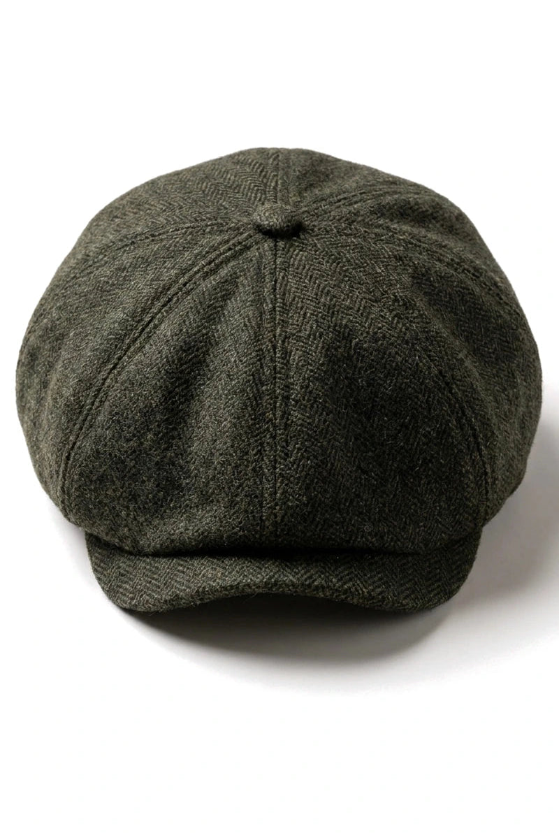 Vīriešu klasiskā plakana cepure ar "Herringbone" rakstu "Newsboy" - olīvzaļa