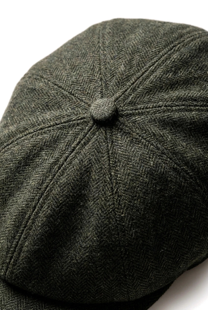 Vīriešu klasiskā plakana cepure ar "Herringbone" rakstu "Newsboy" - olīvzaļa