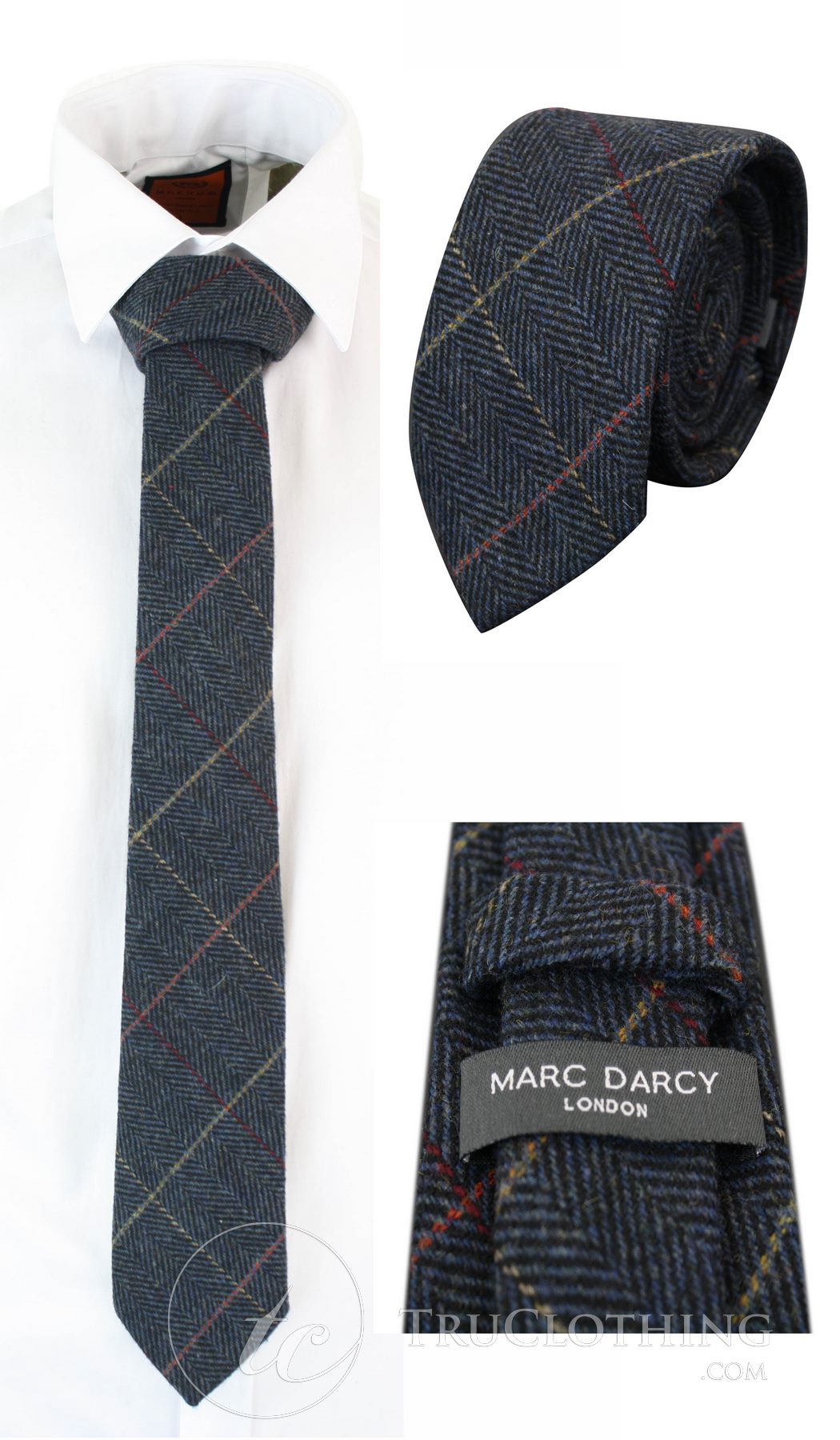 Vīriešu tvīda kaklasaites ar "siļķu kaula" rakstu, teksturētas Marc Darcy kaklasaites, klasiskas, vintage, retro, Eton, tumši zilas