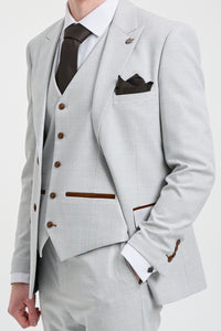 Mark vīriešu pelēks akmens krāsas trīsdaļīgs tvīda rūtainais uzvalks ar brūnu apmali kāzām un izlaidumiem