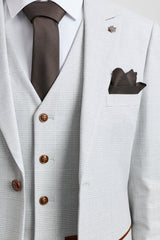 Mark vīriešu pelēks akmens krāsas trīsdaļīgs tvīda rūtainais uzvalks ar brūnu apmali kāzām un izlaidumiem