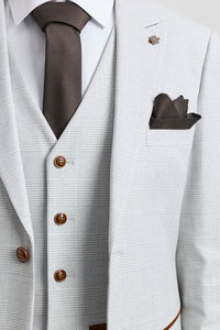 Mark vīriešu pelēks akmens krāsas trīsdaļīgs tvīda rūtainais uzvalks ar brūnu apmali kāzām un izlaidumiem