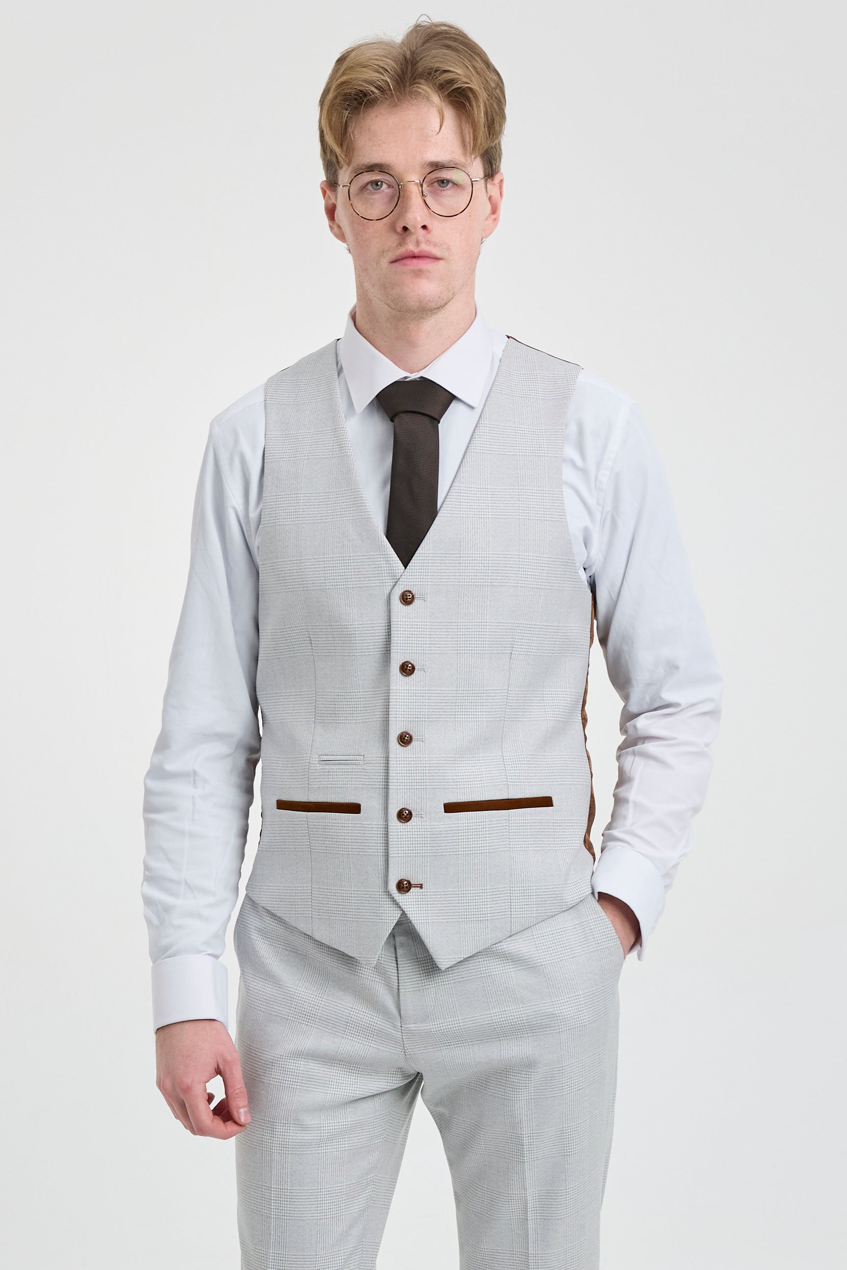 Mark vīriešu pelēks akmens krāsas trīsdaļīgs tvīda rūtainais uzvalks ar brūnu apmali kāzām un izlaidumiem