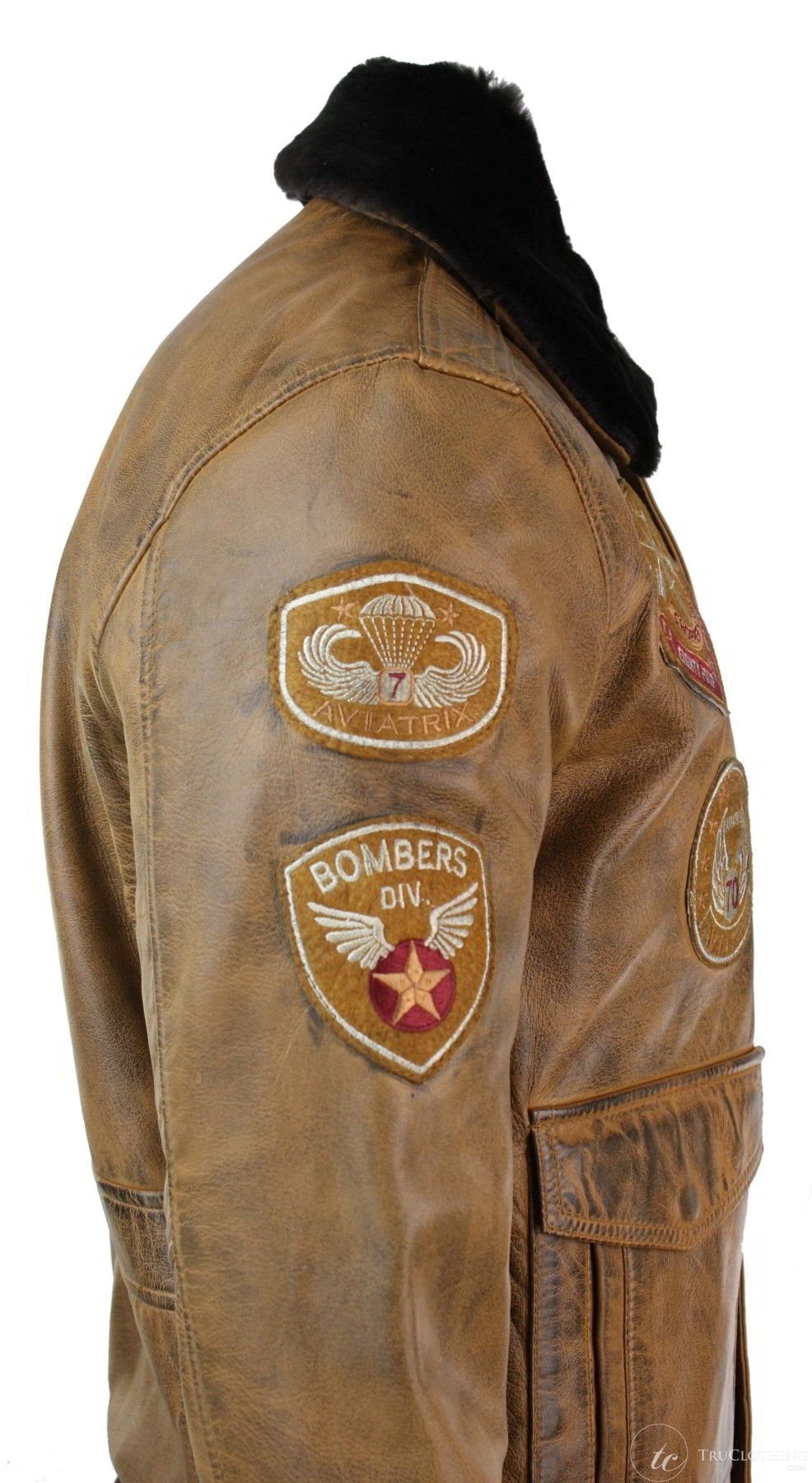Vīriešu Aviator Flying Pilot Bomber jaka ar vintage dzeltenbrūnu, noņemamu melnu kažokādas apkakli - brūna
