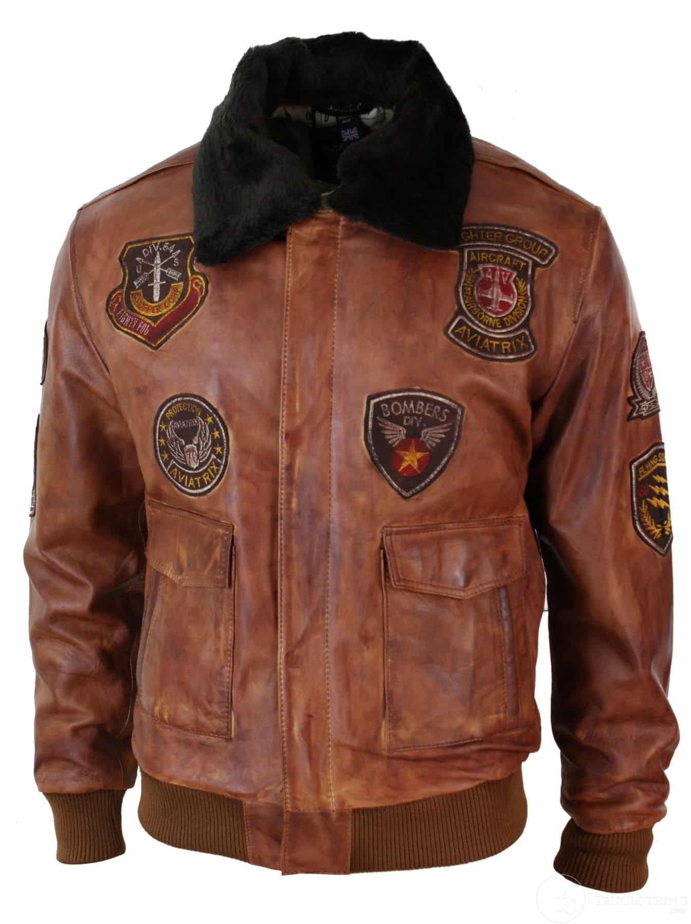 Vīriešu Aviator Flying Pilot Bomber jaka ar vintāžas brūnganu, noņemamu melnu kažokādas apkakli - Nevada Timber