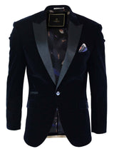 Cavani Rosa - vīriešu mīksta samta smokinga jaka ar vienu pogu, melna, tumši zila, smokinga žakete, eleganta, ikdienas piegriezuma - tumši zila