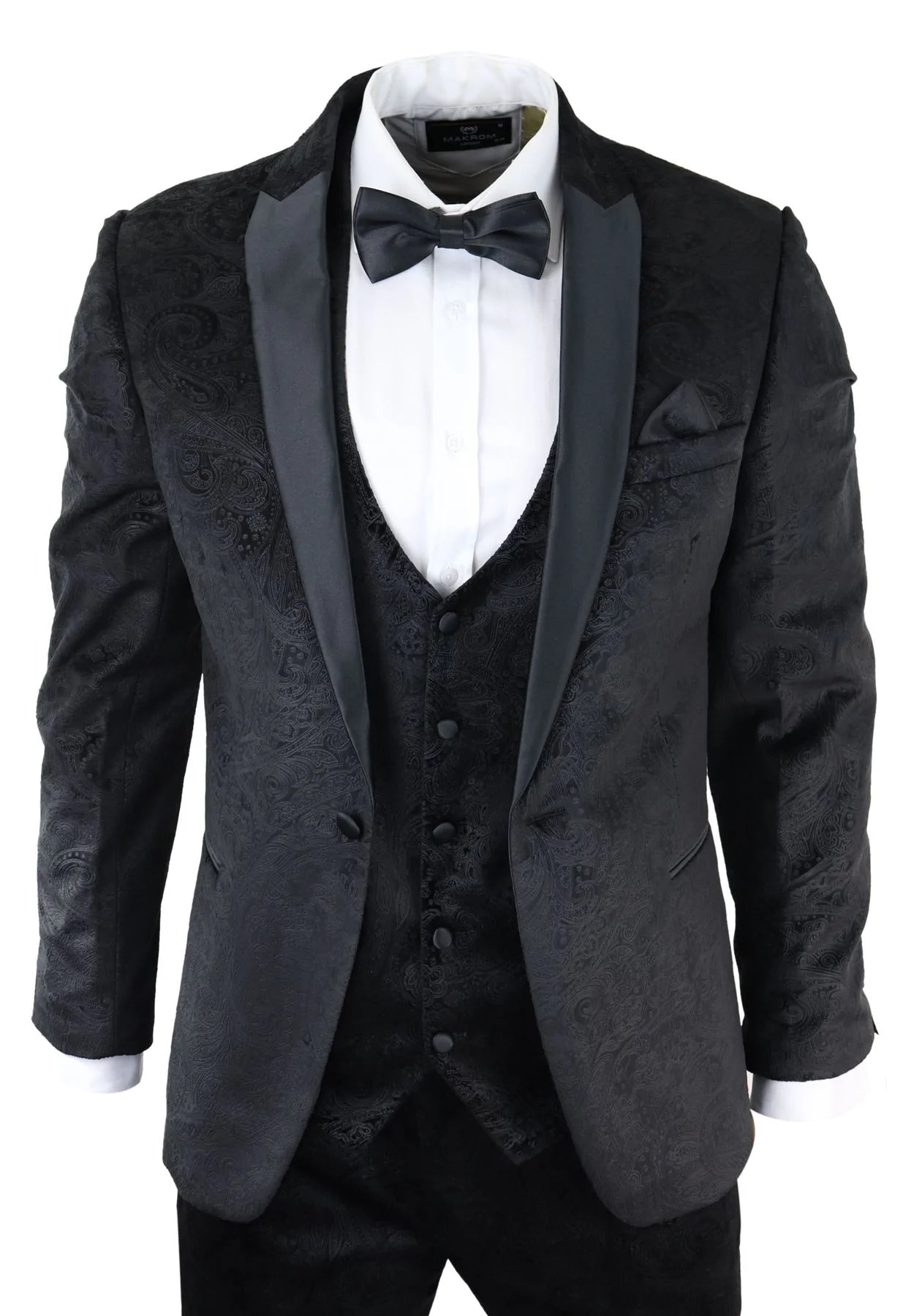 Vīriešu Marc Darcy samta Paisley melns piegriezuma trīsdaļīgs uzvalks smokinga smokinga jaka kāzām