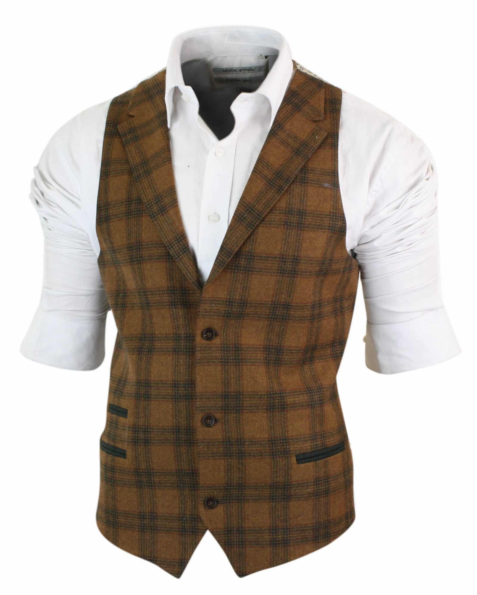 Vīriešu vilnas veste, gaiši brūna, rūtaina tvīda, klasiska, vintage, pieguļoša piegriezuma