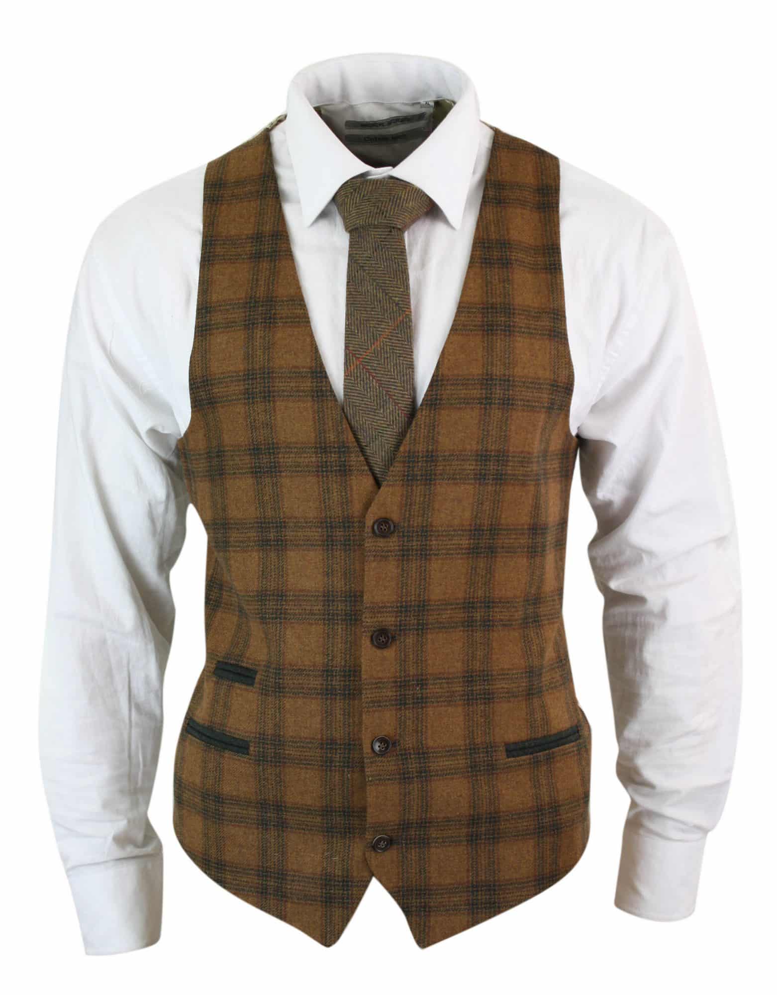 Vīriešu vilnas veste, gaiši brūna, rūtaina tvīda, klasiska, vintage, pieguļoša piegriezuma