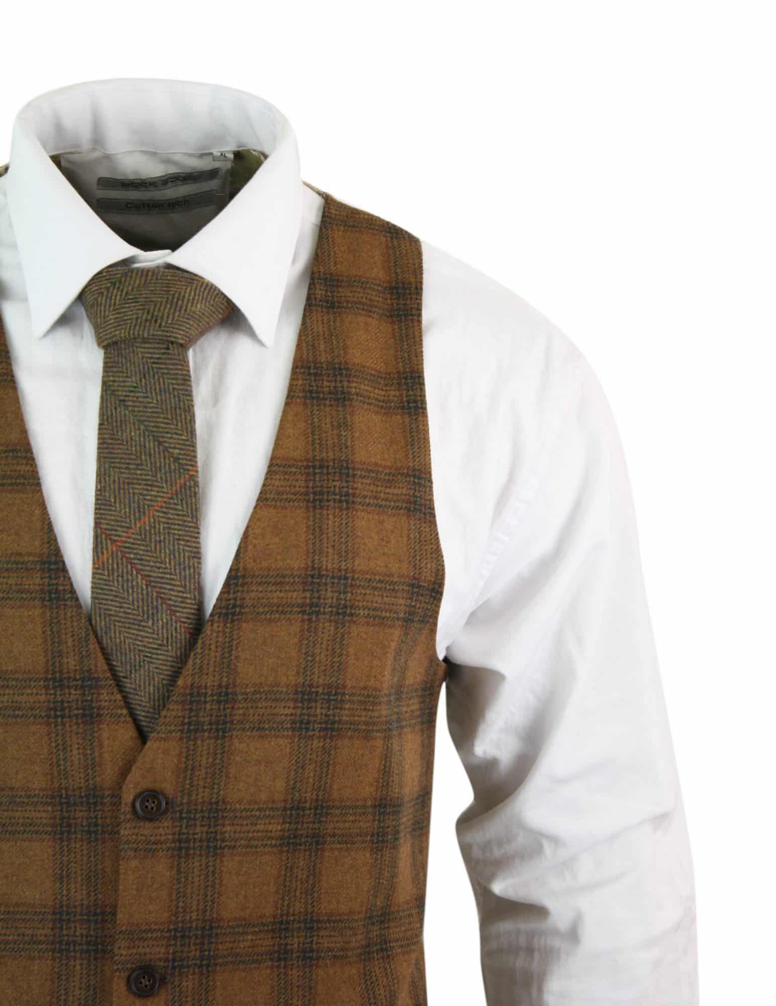 Vīriešu vilnas veste, gaiši brūna, rūtaina tvīda, klasiska, vintage, pieguļoša piegriezuma