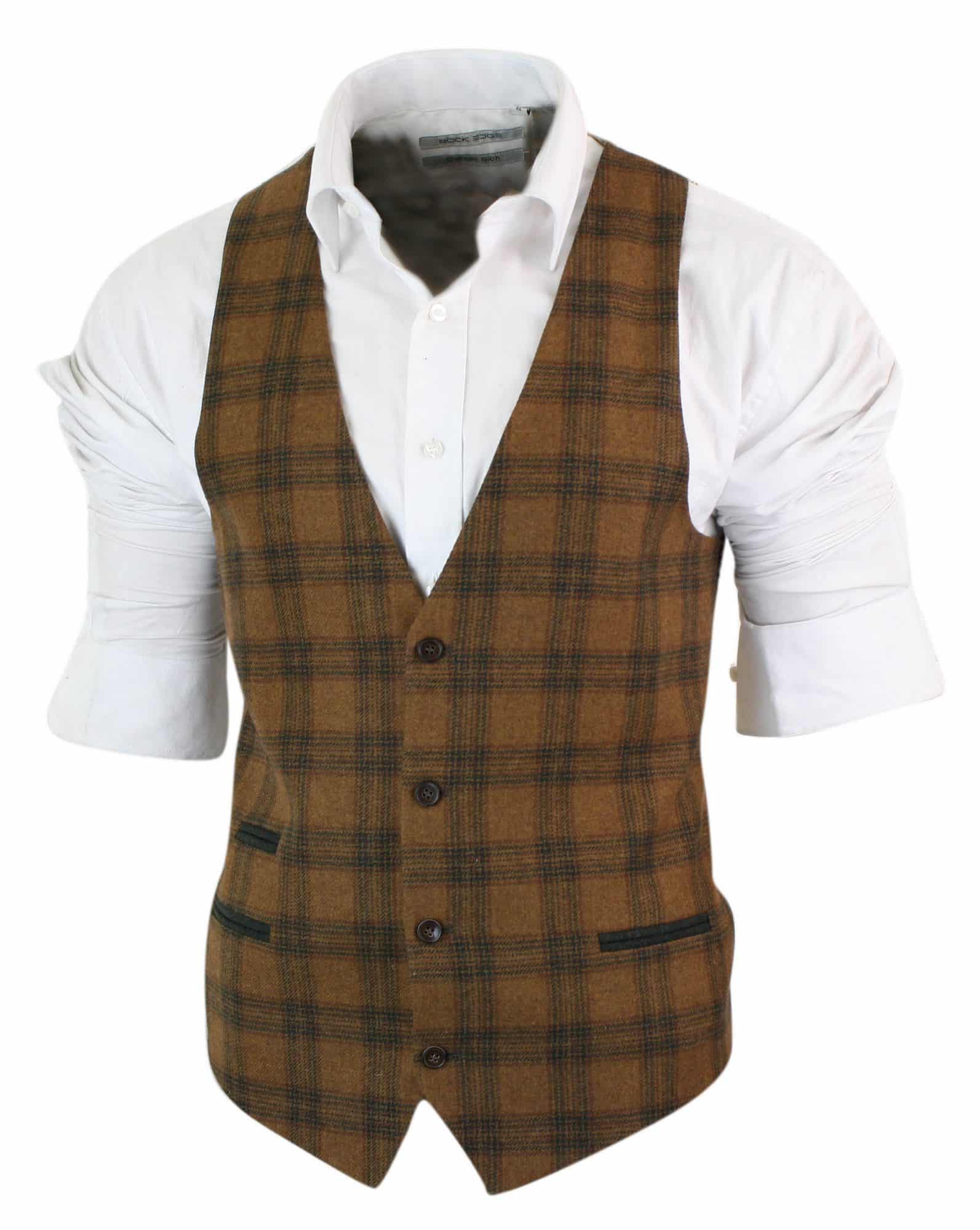Vīriešu vilnas veste, gaiši brūna, rūtaina tvīda, klasiska, vintage, pieguļoša piegriezuma