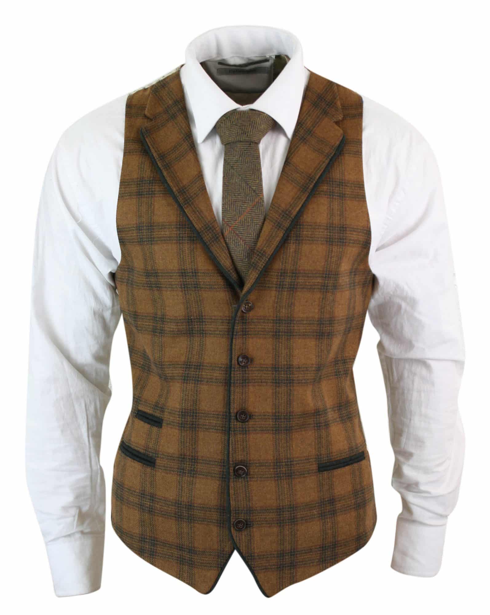 Vīriešu vilnas veste, gaiši brūna, rūtaina tvīda, klasiska, vintage, pieguļoša piegriezuma