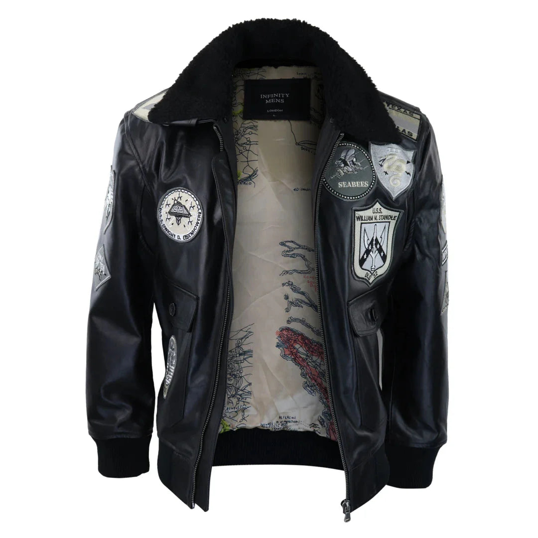 Vīriešu pilnībā melna pelēka Topgun Maverick pilota bomberjaka ar ASV nozīmītēm un melnu kažokādu, kaķis Toms