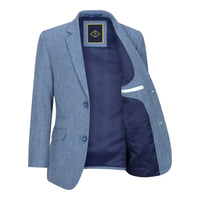 Zēnu trīsdaļīgs vilnas uzvalks, gaiši zils tvīda audums, vintage 1920. gadu klasiska veste ar 4 kabatām