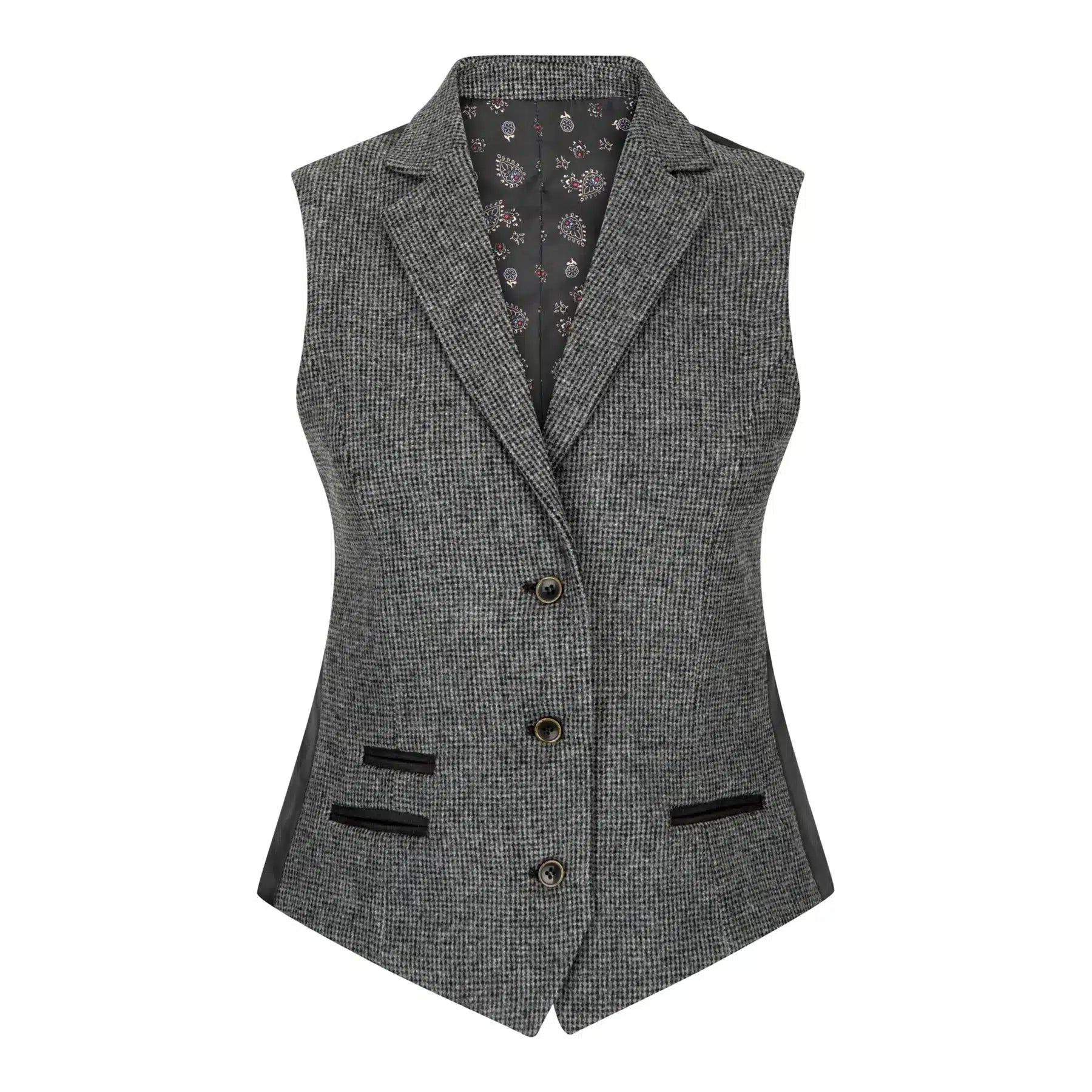 Sieviešu pelēka tvīda veste ar "siļķu kaula" rakstu, 1920. gadu stila, pīķa, pieguļoša piegriezuma, vintage, retro stila